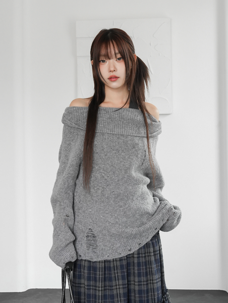 [BINARY01] Damage Off-Shoulder Knitwear