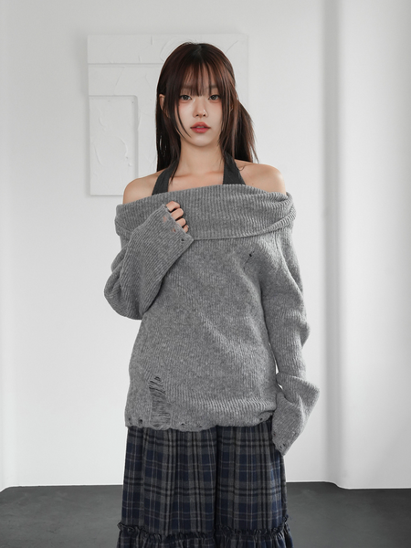 [BINARY01] Damage Off-Shoulder Knitwear