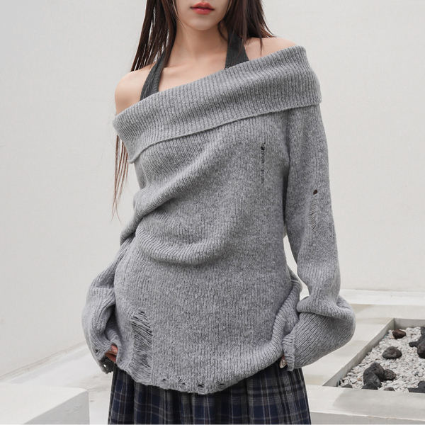 [BINARY01] Damage Off-Shoulder Knitwear