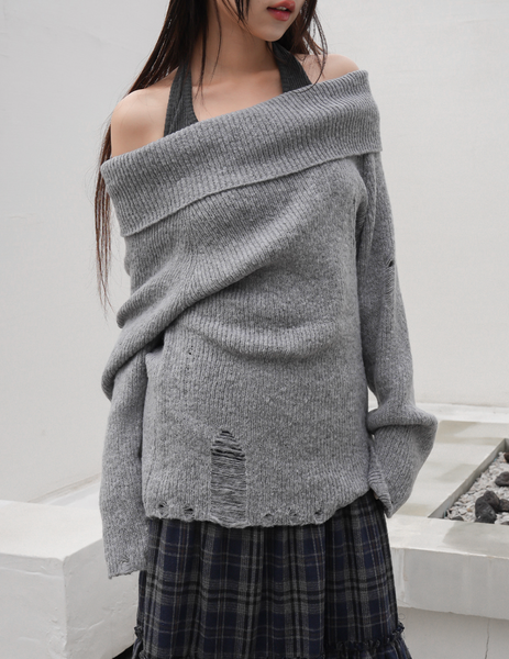 [BINARY01] Damage Off-Shoulder Knitwear