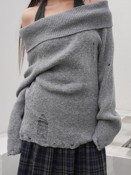 [BINARY01] Damage Off-Shoulder Knitwear