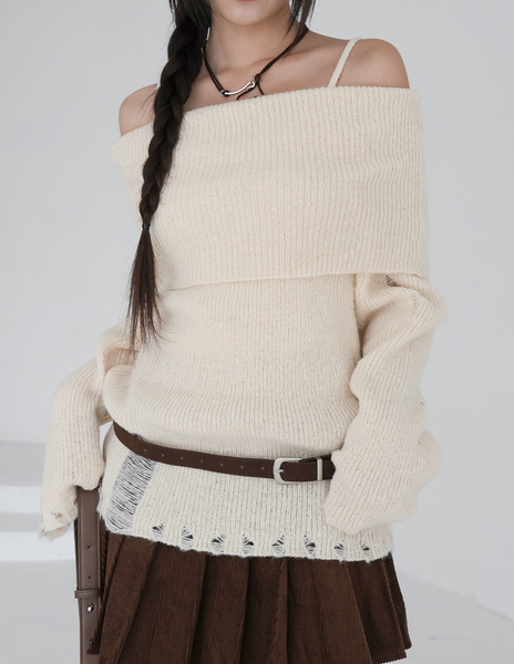 [BINARY01] Damage Off-Shoulder Knitwear