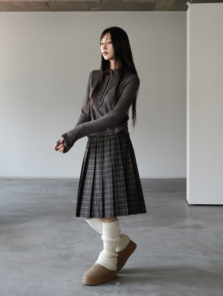 [BINARY01] Potel Checkered Pleats Midi Skirt