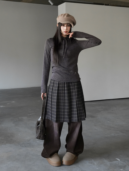 [BINARY01] Potel Checkered Pleats Midi Skirt