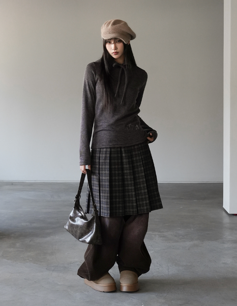 [BINARY01] Potel Checkered Pleats Midi Skirt