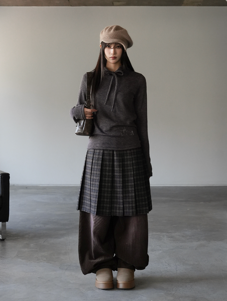 [BINARY01] Potel Checkered Pleats Midi Skirt