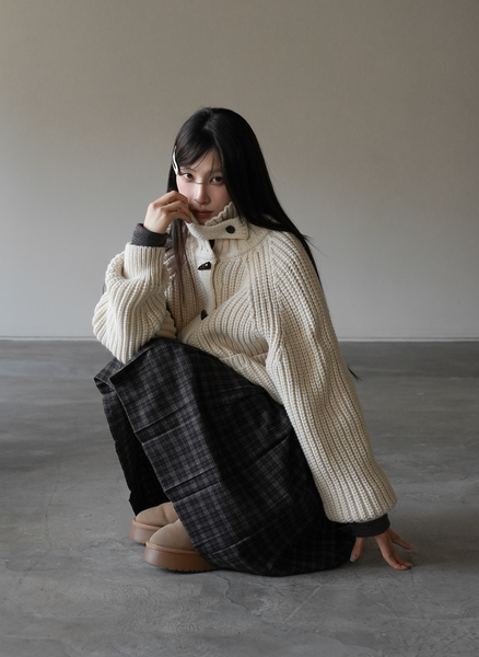 [BINARY01] Potel Checkered Pleats Midi Skirt