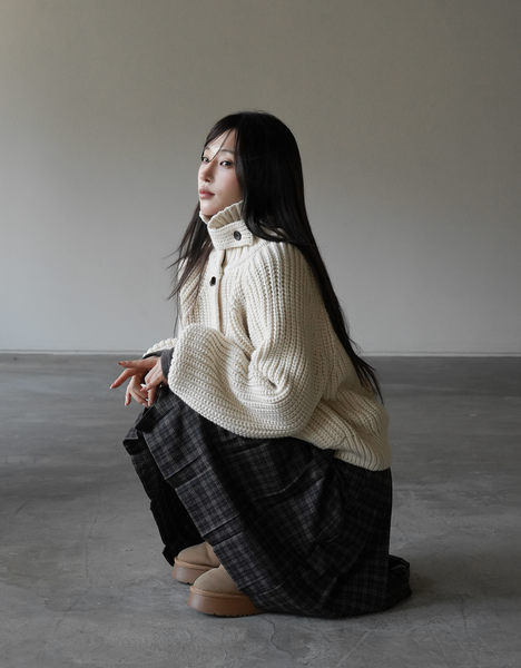 [BINARY01] Potel Checkered Pleats Midi Skirt