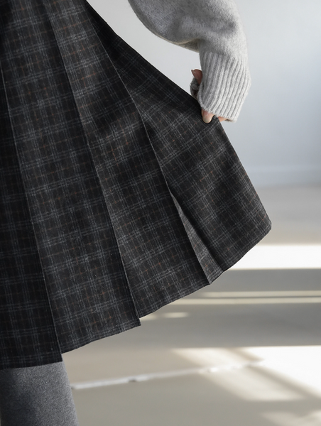 [BINARY01] Potel Checkered Pleats Midi Skirt