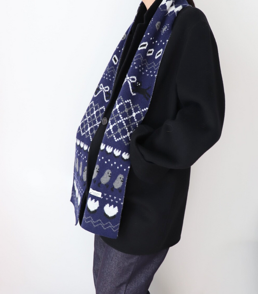 [hozumi] Seiho Cat Cashmere Scarf (Navy)