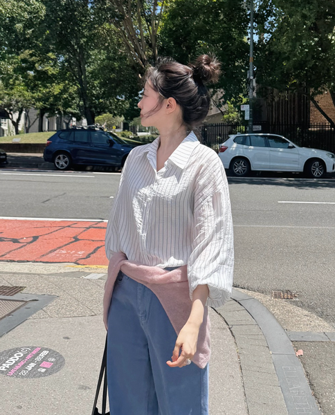 [SLOWAND] Blue Like Thin Fit Stripe Shirt