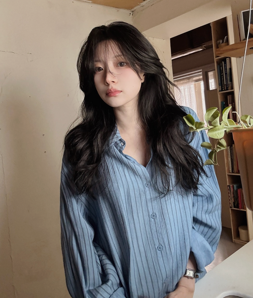 [SLOWAND] Blue Like Thin Fit Stripe Shirt