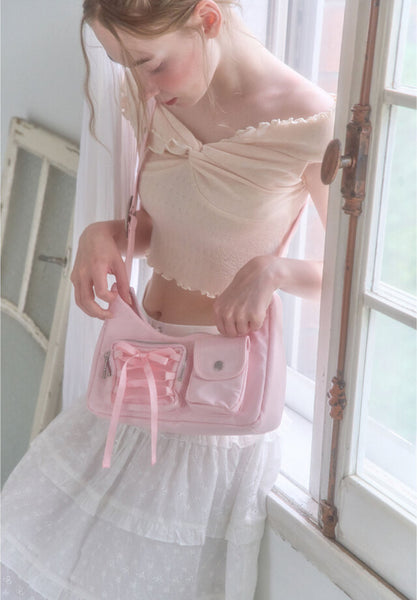 [COZING] Nylon Ribbon Hobo Bag (Pink)