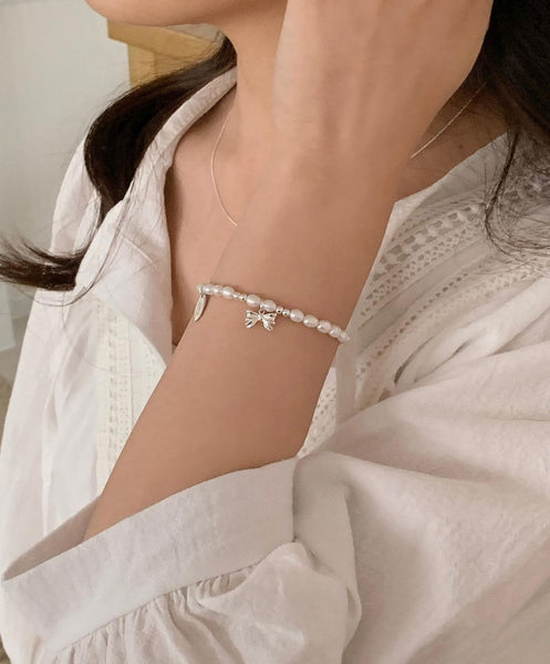 [SOYE PI-NE] [silver925/SOMBI] Ivy Ribbon Fresh Pearl Silver Bracelet
