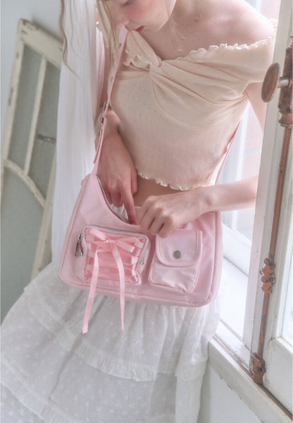 [COZING] Nylon Ribbon Hobo Bag (Pink)