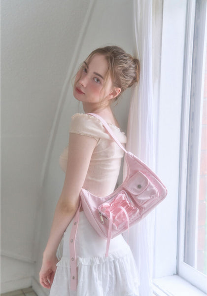 [COZING] Nylon Ribbon Hobo Bag (Pink)