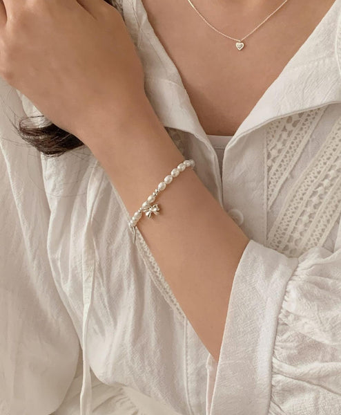 [SOYE PI-NE] [silver925/SOMBI] Ivy Ribbon Fresh Pearl Silver Bracelet