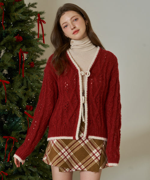 [Letter from Moon][Holiday Edition] Pinne Ribbon Alpaca Knit Cardigan (Deep Red)