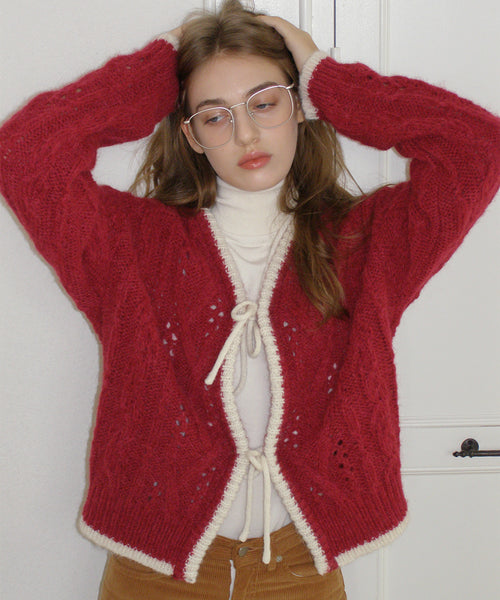 [Letter from Moon][Holiday Edition] Pinne Ribbon Alpaca Knit Cardigan (Deep Red)