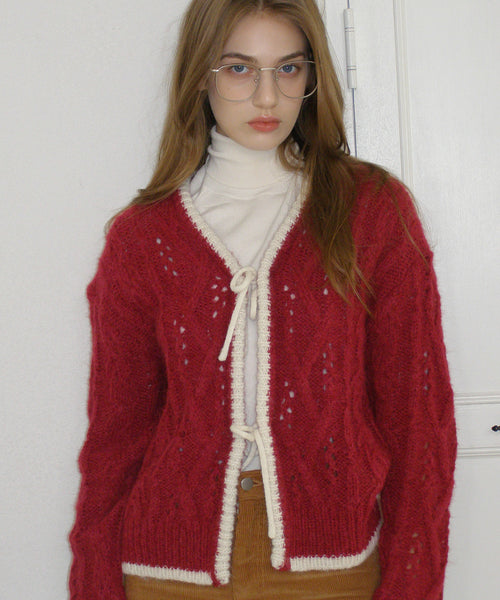 [Letter from Moon][Holiday Edition] Pinne Ribbon Alpaca Knit Cardigan (Deep Red)