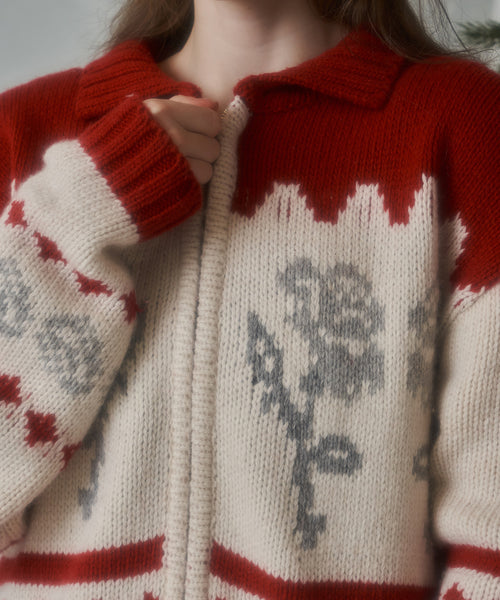 [Letter from Moon][Holiday Edition] Rose Flower Jacquard Knit Wool Zip-Up ( Red )