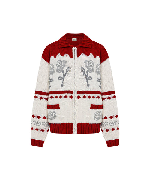 [Letter from Moon][Holiday Edition] Rose Flower Jacquard Knit Wool Zip-Up ( Red )