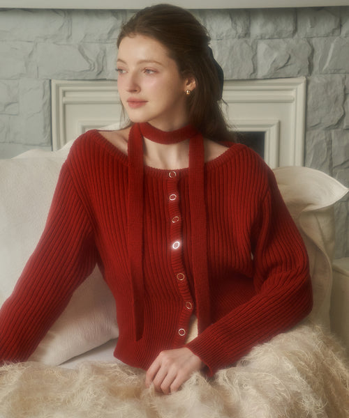 [Letter from Moon][Holiday Edition] [Scarf Set] Sonnet Boat-Neck Wool Cardigan ( Red )