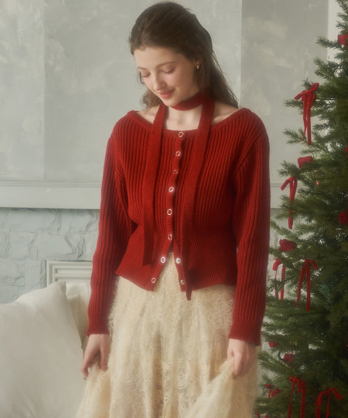 [Letter from Moon][Holiday Edition] [Scarf Set] Sonnet Boat-Neck Wool Cardigan ( Red )