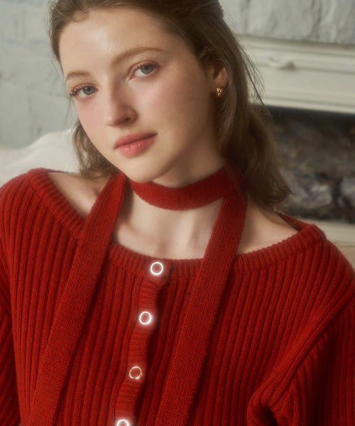 [Letter from Moon][Holiday Edition] [Scarf Set] Sonnet Boat-Neck Wool Cardigan ( Red )