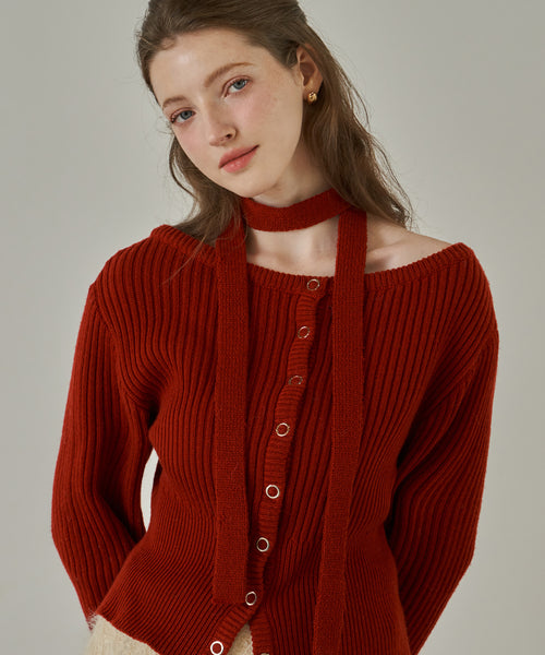 [Letter from Moon][Holiday Edition] [Scarf Set] Sonnet Boat-Neck Wool Cardigan ( Red )