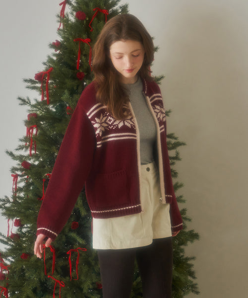 [Letter from Moon][Holiday Edition] Snow Nordic Cowichan Knit Zip-Up ( Red )