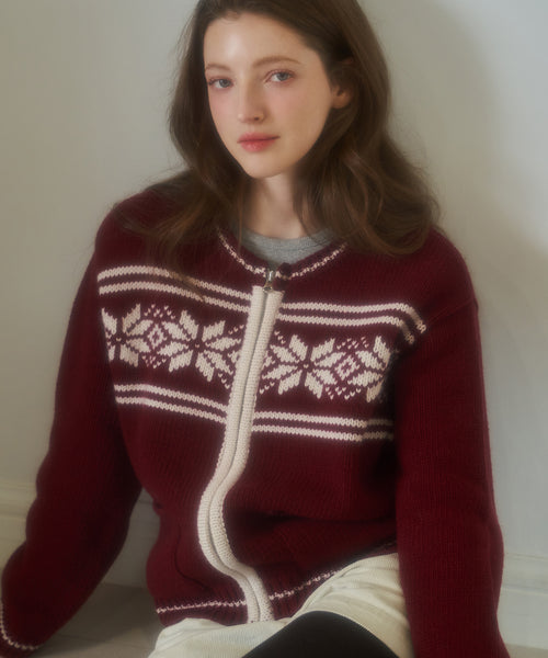 [Letter from Moon][Holiday Edition] Snow Nordic Cowichan Knit Zip-Up ( Red )