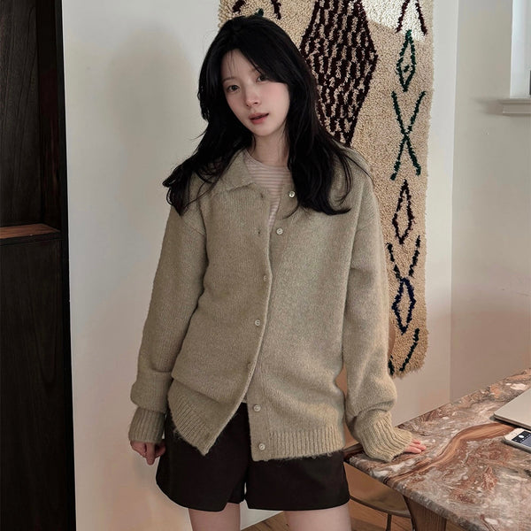 [SLOWAND] made. Loosment Hairy Wool Cardigan | 蓬鬆羊毛混紡翻領針織外套・4色