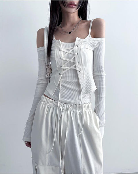 [LOWEAR] Eyelet Off Neck Sleeveless Set Top