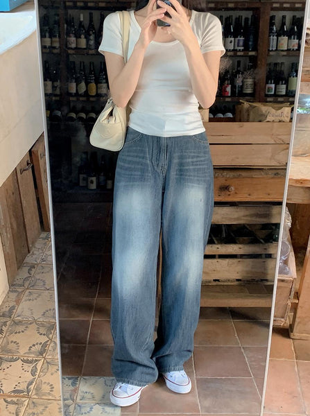 [SHOPPERLAND] Main Sand Washed Summer Denim Wide Pants (2 Color)