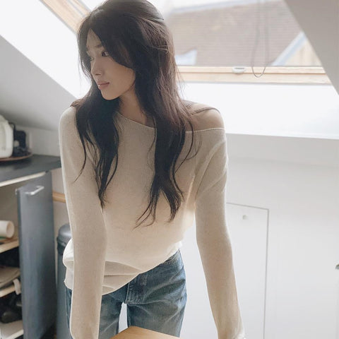 [SLOWAND] # SLOWMADE  Summer's One-shoulder Boat Neck Knit (4 Colors)