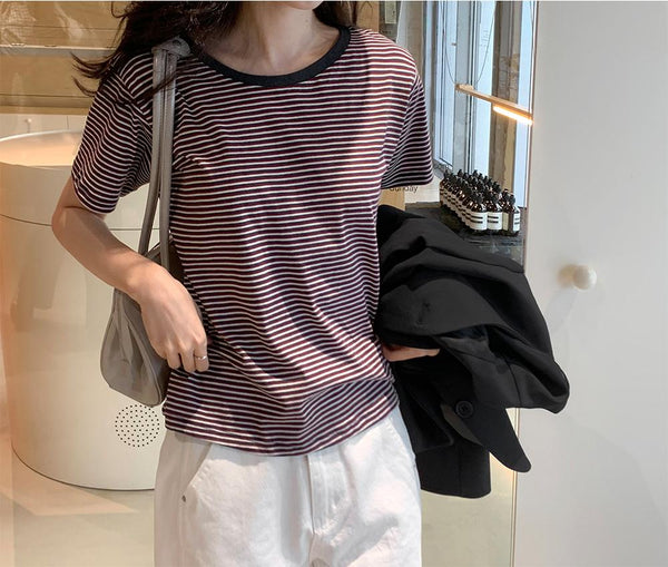 [SLOWAND] # SLOWMADE Toast Striped Half T-shirt (4 Colors)