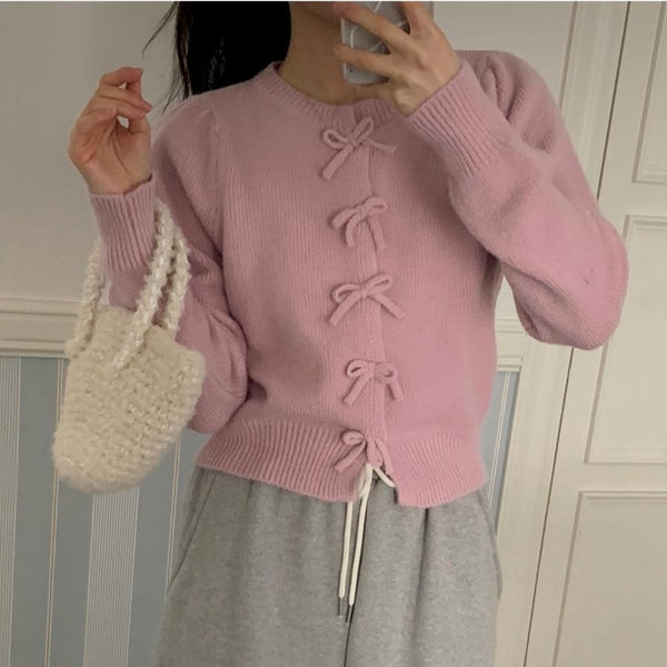 [SHOPPERLAND] Pastel Ribbon Puff Knit Cardigan (5 Colors)