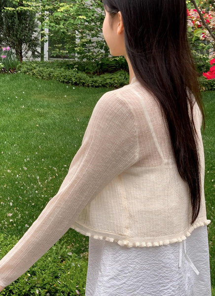 [SHOPPERLAND] Soft Ribbed See-through Frill Bolero Knit Cardigan (5 Colors)