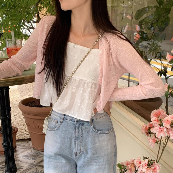 [SHOPPERLAND] Soft Ribbed See-through Frill Bolero Knit Cardigan (5 Colors)