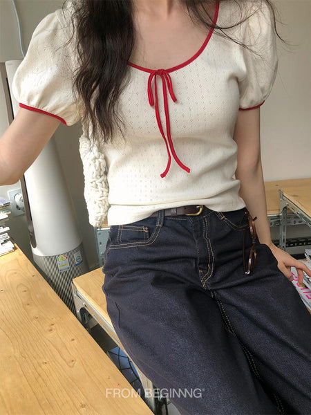 [FROM BEGINNING] [MADE] Ribbon Color Matching Eyelet T (2 Colors)