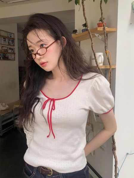 [FROM BEGINNING] [MADE] Ribbon Color Matching Eyelet T (2 Colors)