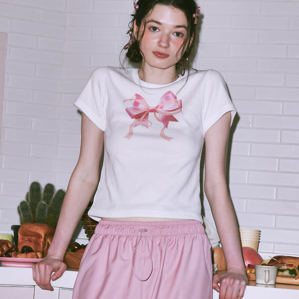 [RONRON] DOUBLE RIBBON SLIM CROP T SHIRT (White Pink)