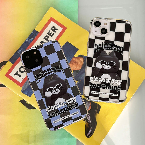 [THENINEMALL] Hey Cat Checkerboard Clear Phone Case (3 types)