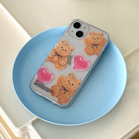 [THENINEMALL] Pattern Ribbon Teddy Gummy Clear Phone Case (3 types)