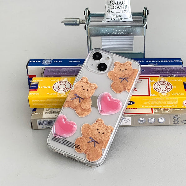 [THENINEMALL] Pattern Ribbon Teddy Gummy Clear Phone Case (3 types)