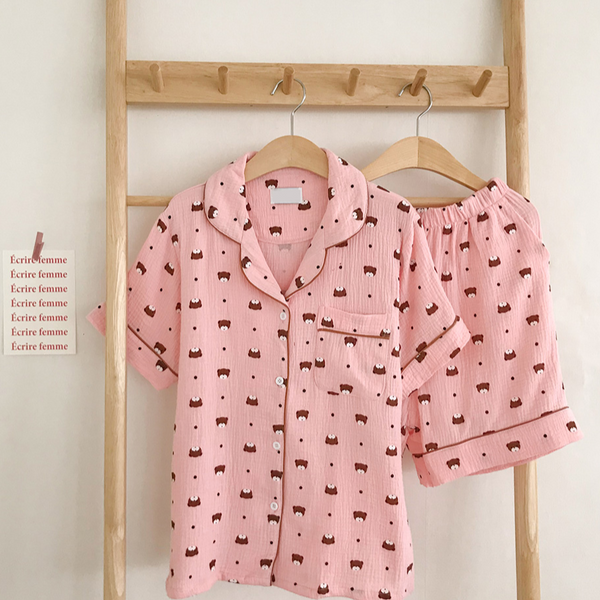 [Juuneedu] Dot Bear Cotton Short Sleeve Pyjamas