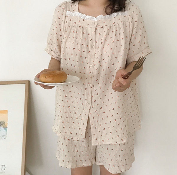 [Juuneedu] Cherry Frill Short Sleeve Pyjamas