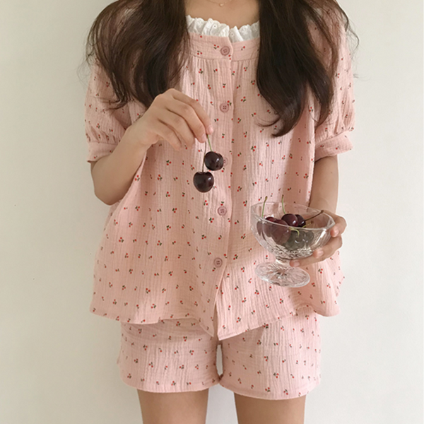[Juuneedu] Cherry Frill Short Sleeve Pyjamas