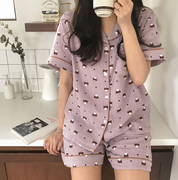 [Juuneedu] Dot Bear Cotton Short Sleeve Pyjamas